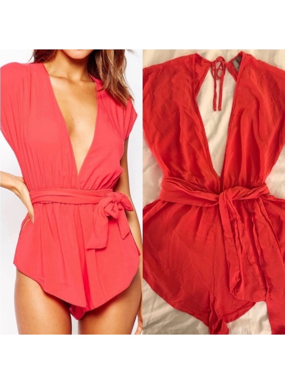 EUC ASOS coral pink beach romper with removable tie
